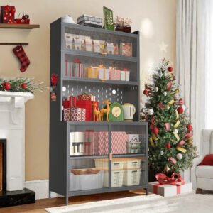 73'' Tall Kitchen Pantry Cabinet , 6 Level Flip Door With Pegboard Spacious, Adjustable & Stylish Metal Pantry Storage Cabinet, Anti-Tip Design Hutch For Kitchen, Dining Room, Living Room Grey