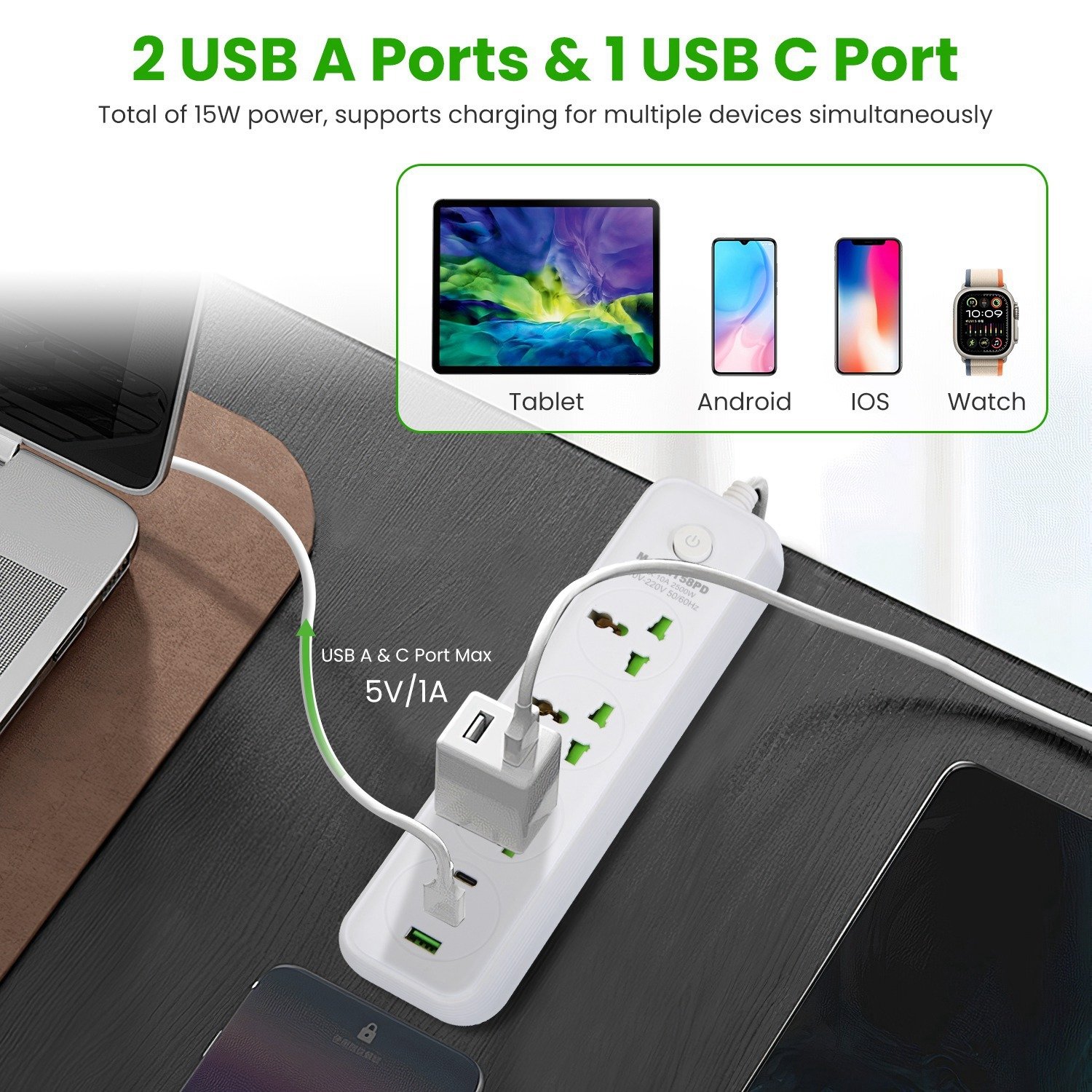 1Pc Power Strip With 6FT Extension Cord 3 AC Outlets And 2 USB A Ports 1 USB C Port 2500W Wall Mount Outlet Extender For Home Office Dorm Travel - Image 6