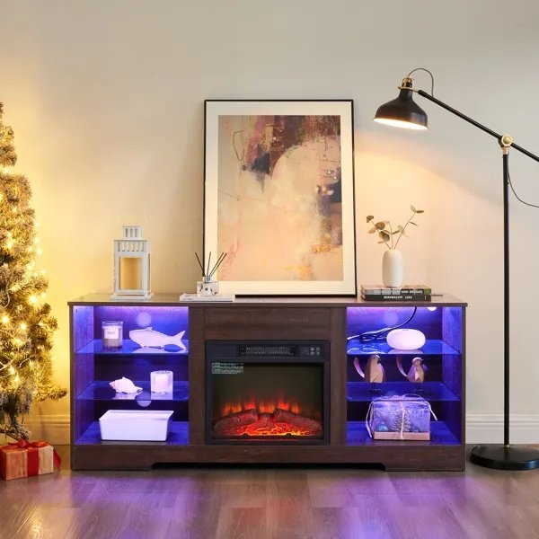 TV Stand Electric Fireplace Glass Shelves, 3D Fireplace TV Stand With LED Lights Wood With USB Charging Outlet Modern Television Table Center For TV Up To 62" ESP, 58''W*15.5''D*24.4 - Image 2
