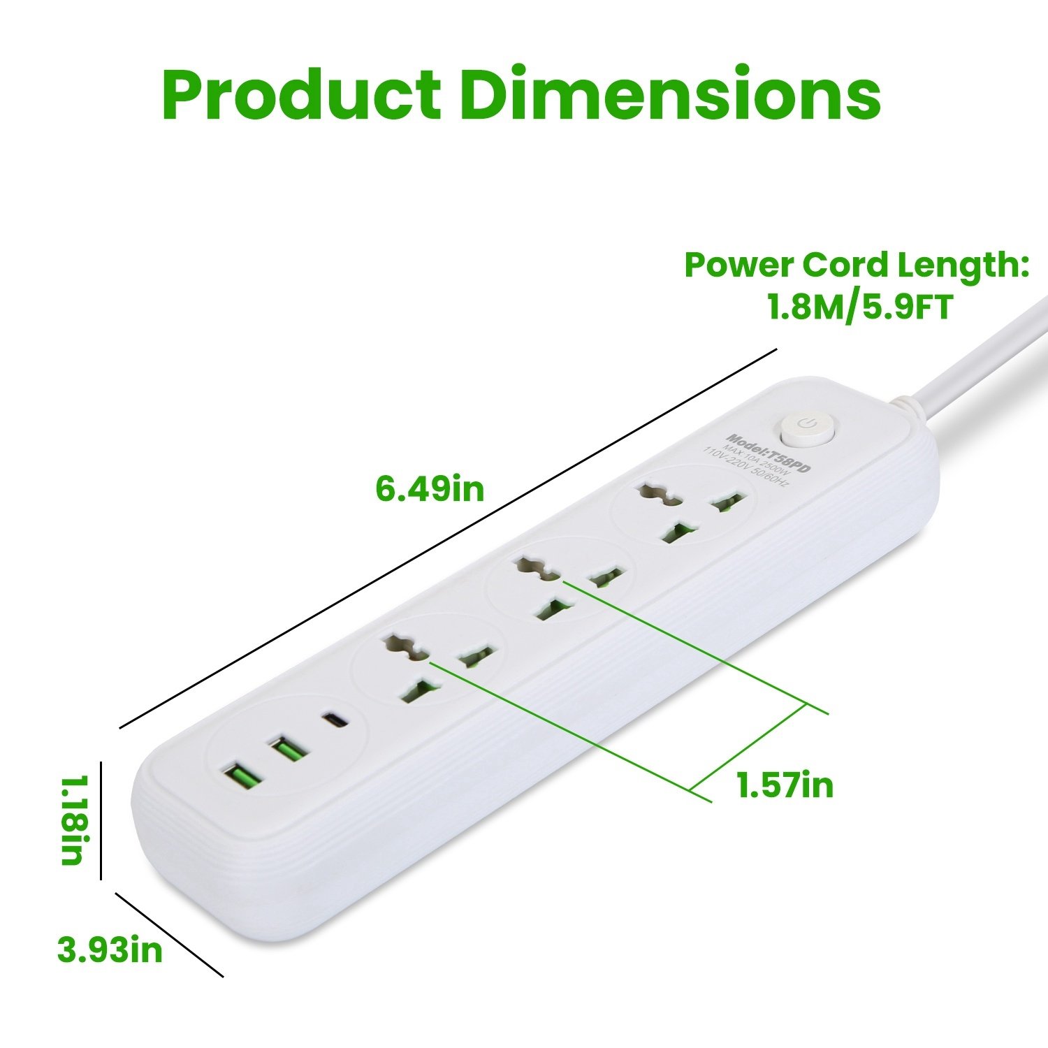 1Pc Power Strip With 6FT Extension Cord 3 AC Outlets And 2 USB A Ports 1 USB C Port 2500W Wall Mount Outlet Extender For Home Office Dorm Travel - Image 3