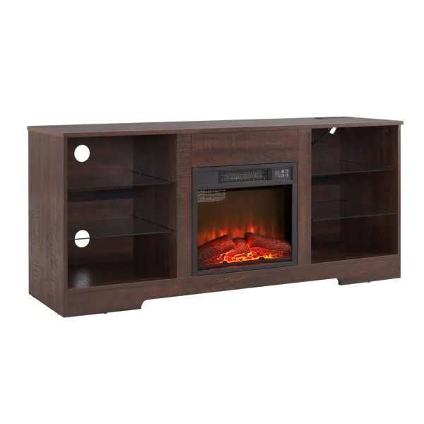 TV Stand Electric Fireplace Glass Shelves, 3D Fireplace TV Stand With LED Lights Wood With USB Charging Outlet Modern Television Table Center For TV Up To 62" ESP, 58''W*15.5''D*24.4 - Image 5