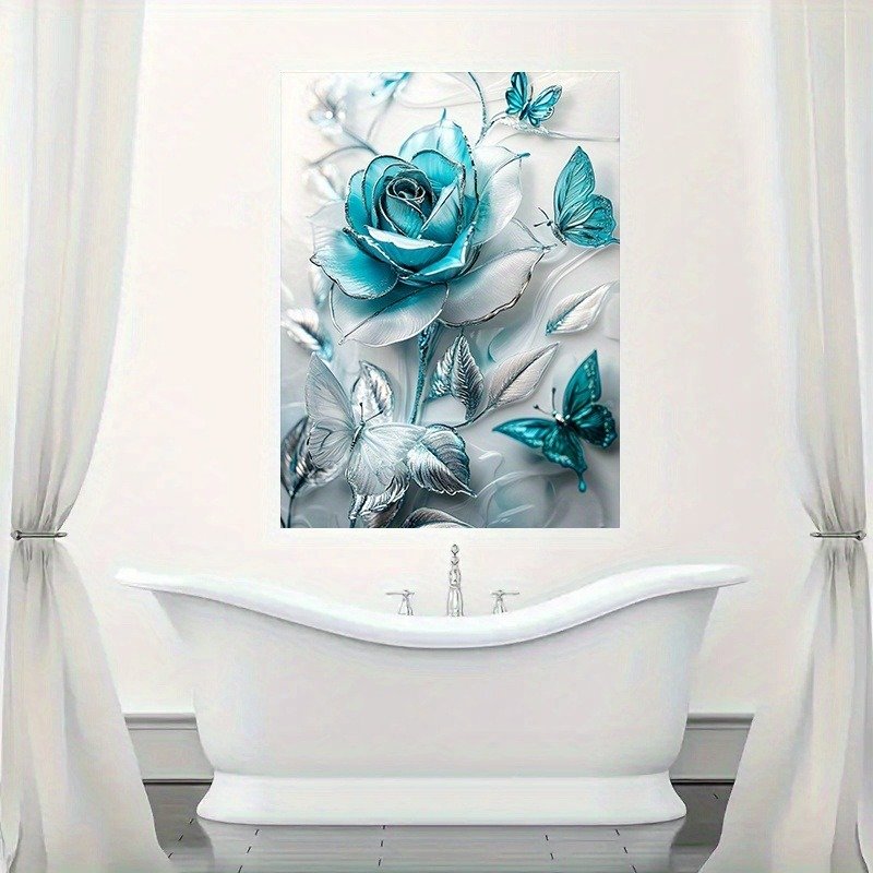 Elegant Turquoise Blue Crystal Rose & Teal Butterflies Canvas Wall Art With Wooden Frame - Classic Decorative Poster For Living Room, Bedroom, Home Office--Selling On Temu Is Prohibited - Image 3