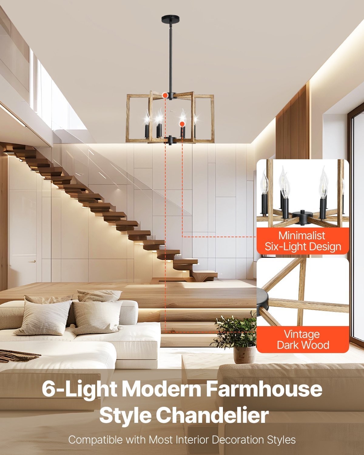 6-Light Chandelier, Metal Farmhouse Chandelier, Adjustable Height, Dining Room Hanging Light Fixture For Ceilings, Modern Chandelier For Bedroom, Foyer, Hall, Kitchen, Living Room And Entryway - Image 2