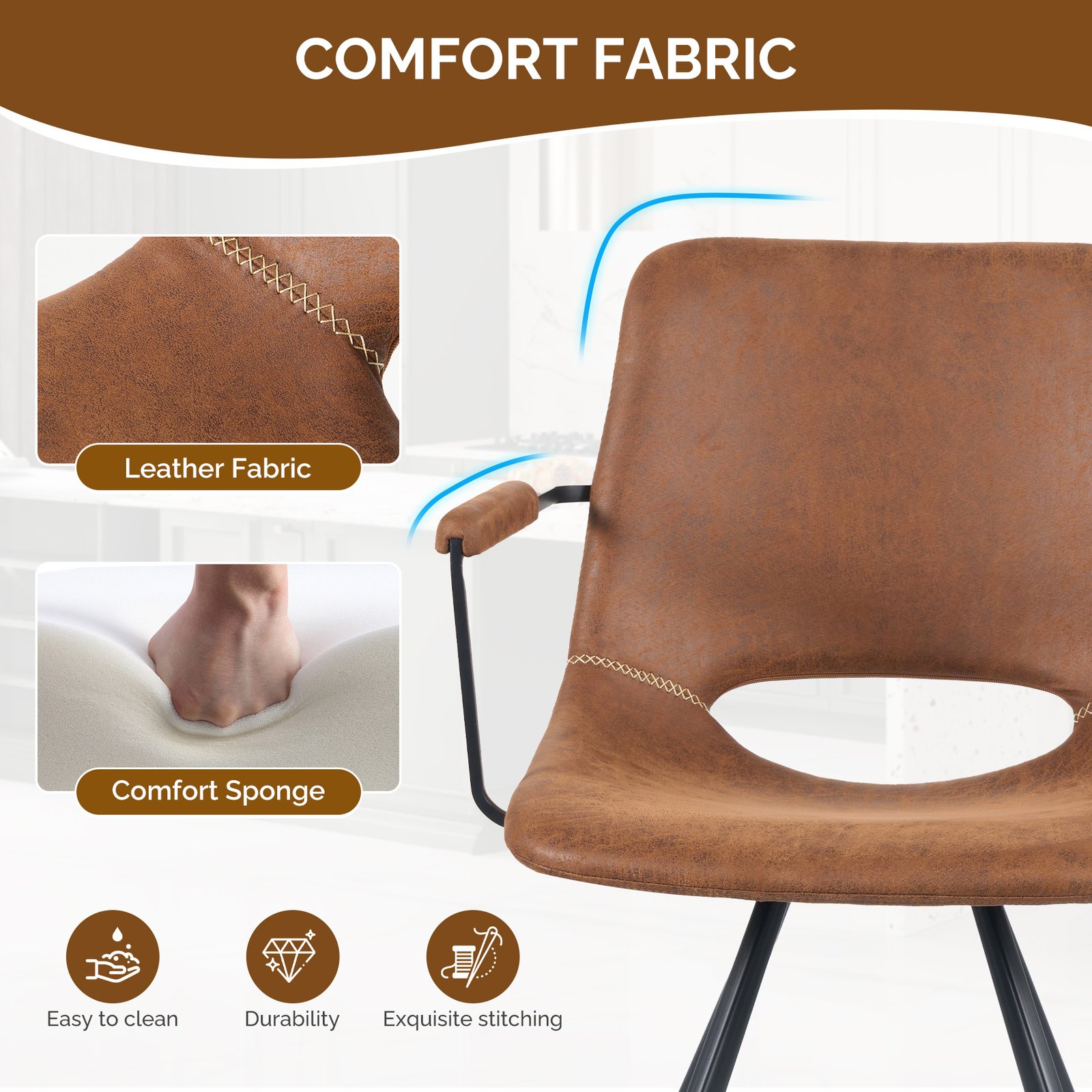 Leather Dining Chairs Set Of 2, Mid-Century Modern Dining Room Chair With Soft Cushions, Kitchen Chairs With Metal Legs For Kitchen, Living Room - Image 7