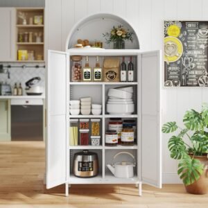 White Kitchen Pantry Cabinet, Arched Storage Cabinet With Doors And Adjustable Shelves, Tall Freestanding Cupboard For Laundry, Dining Room, Living Room, Bathroom