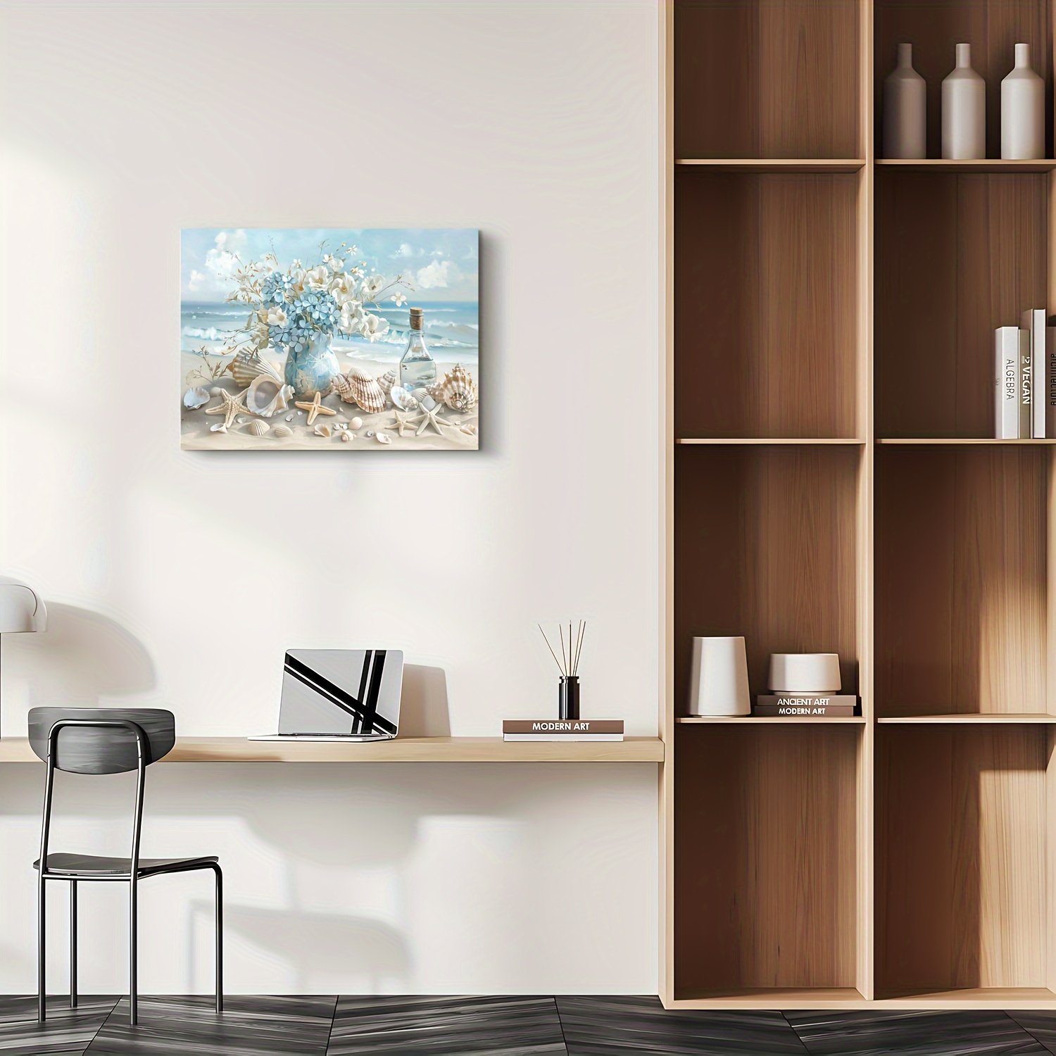 1 Piece Framed Wooden Canvas Painting, One Piece Blue Vase Floral Canvas Print, Wooden Frame Wall Art, Shell And Ocean Theme, Home And Office Decor, Suitable For Living Room, Bedroom, Kitchen, School - Image 2