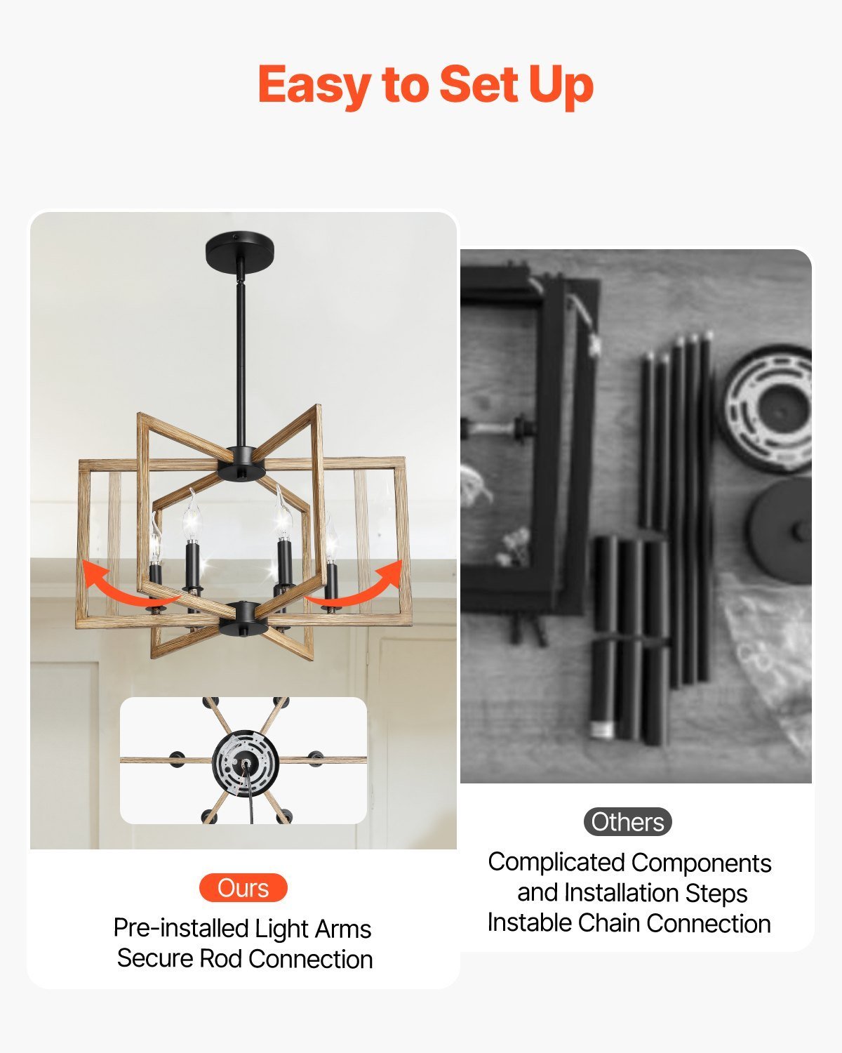 6-Light Chandelier, Metal Farmhouse Chandelier, Adjustable Height, Dining Room Hanging Light Fixture For Ceilings, Modern Chandelier For Bedroom, Foyer, Hall, Kitchen, Living Room And Entryway - Image 3