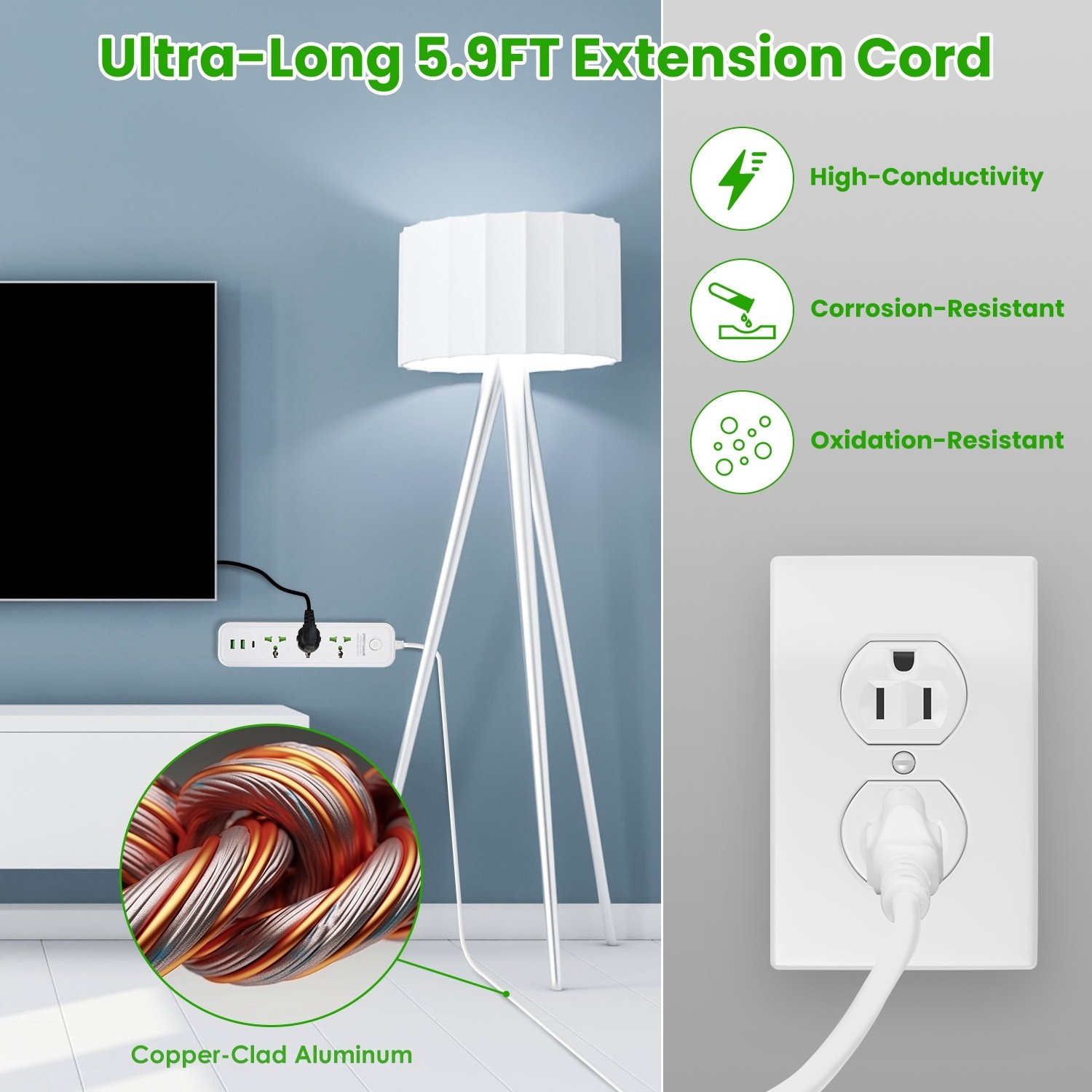 1Pc Power Strip With 6FT Extension Cord 3 AC Outlets And 2 USB A Ports 1 USB C Port 2500W Wall Mount Outlet Extender For Home Office Dorm Travel - Image 7