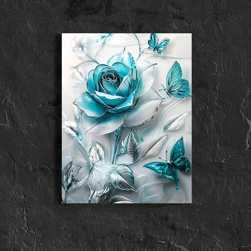 Elegant Turquoise Blue Crystal Rose & Teal Butterflies Canvas Wall Art With Wooden Frame - Classic Decorative Poster For Living Room, Bedroom, Home Office--Selling On Temu Is Prohibited - Image 4