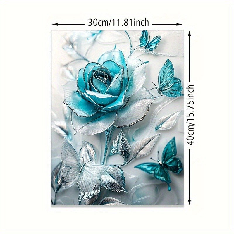 Elegant Turquoise Blue Crystal Rose & Teal Butterflies Canvas Wall Art With Wooden Frame - Classic Decorative Poster For Living Room, Bedroom, Home Office--Selling On Temu Is Prohibited - Image 5